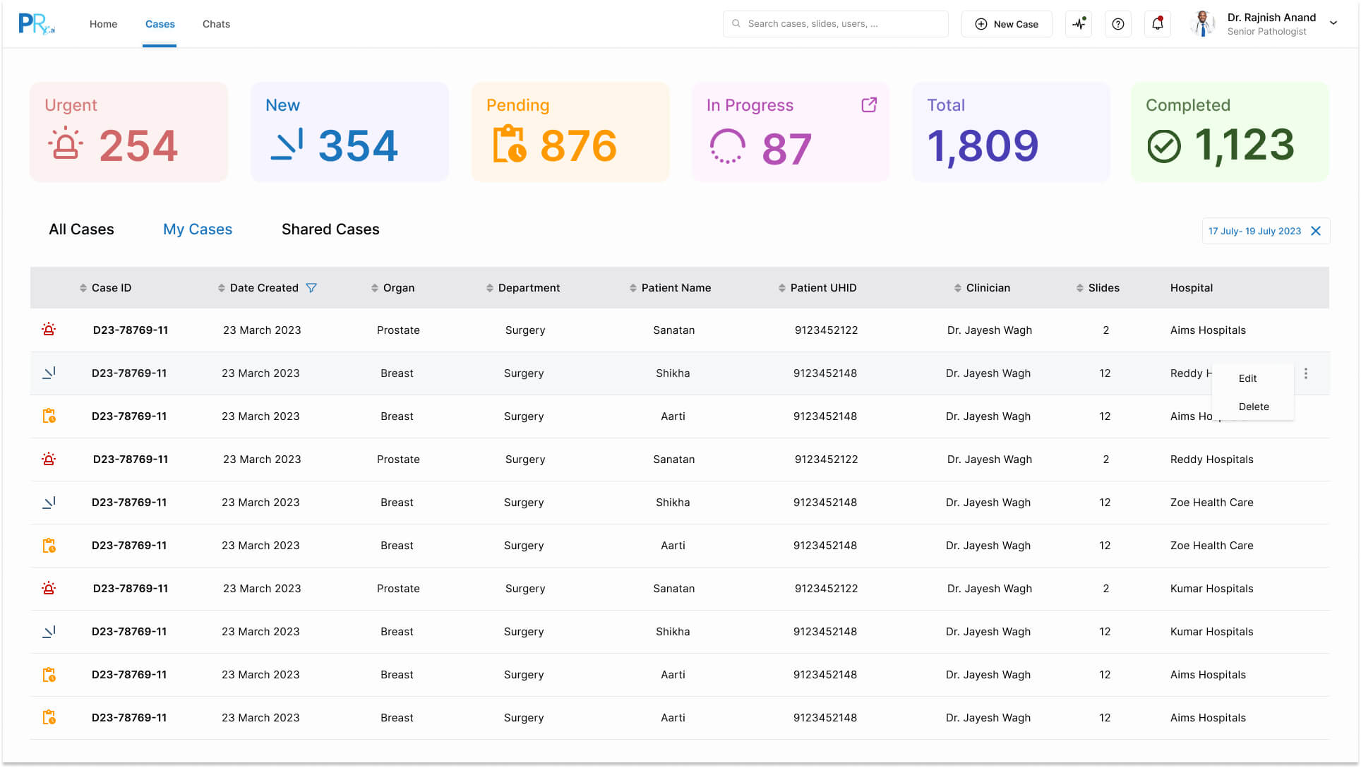 PRR.AI case list showing urgent, new, pending, in-progress, total and completed case counts above a sortable table of cases with organ, department, clinician and slide count.