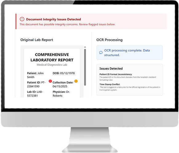 A document integrity warning over a scanned laboratory report, with OCR processing complete and issues detected including a patient ID format inconsistency and a time stamp conflict.